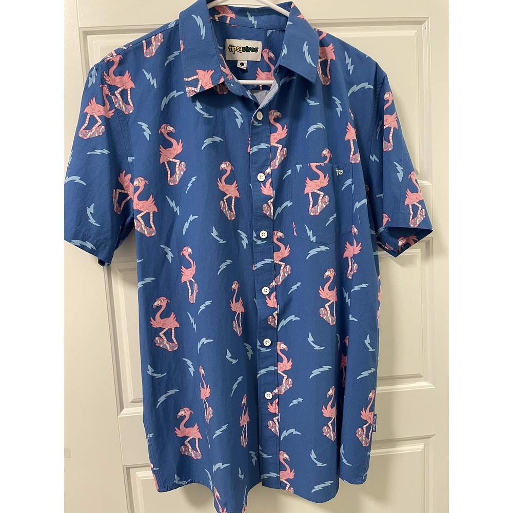 Tipsy Elves Mens‎ Shirt Short Sleeves BlueFlamingos Skateboard Short Button Up